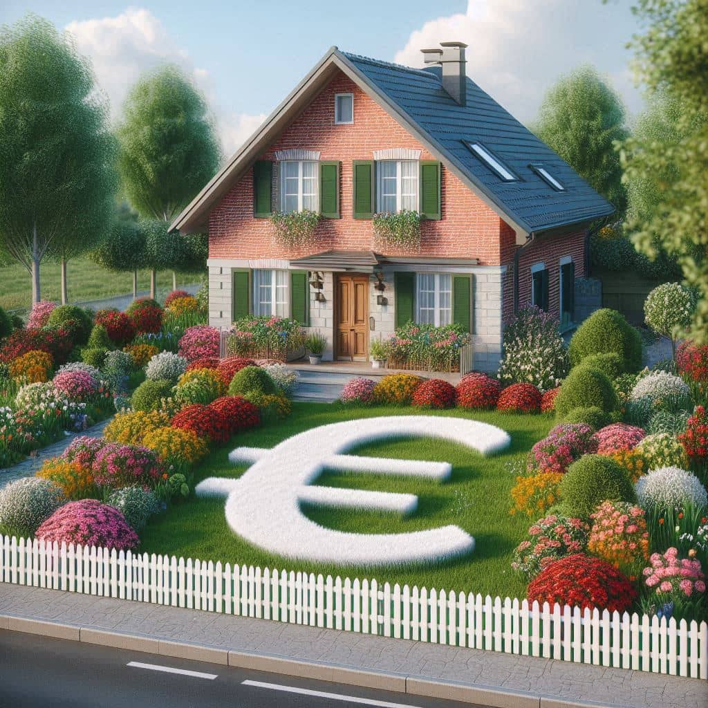 représentation d"une maison avec un symbole € dans le jardin